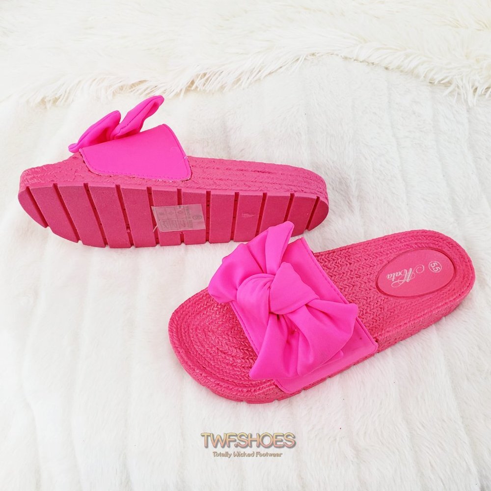 Beach Day Flat comfy Slip On summer sandals Neon Pink Bow NEW